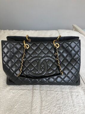 CHANEL Black Quilted Caviar Leather Large Double Chain Tote